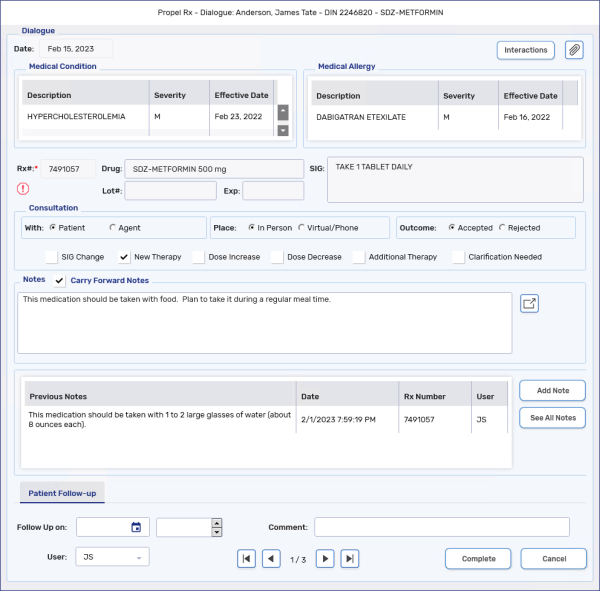 Clinical Notes Dialogue Window