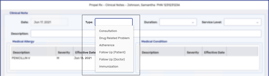 Clinical Note Type dropdown