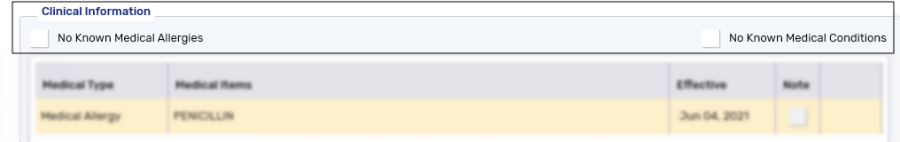 No Known Medical Allergies or Conditions Checkboxes