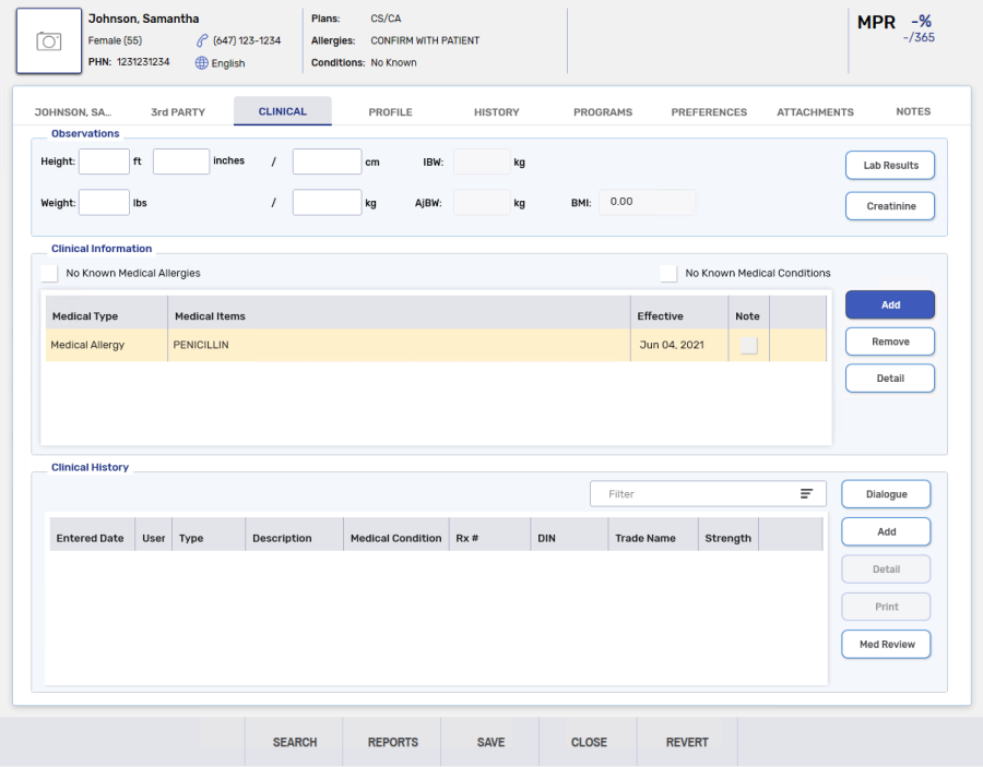 Patient Clinical Tab