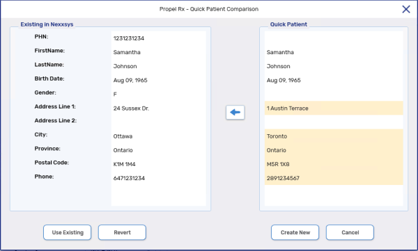 Quick Patient Comparison window with highlighted rows